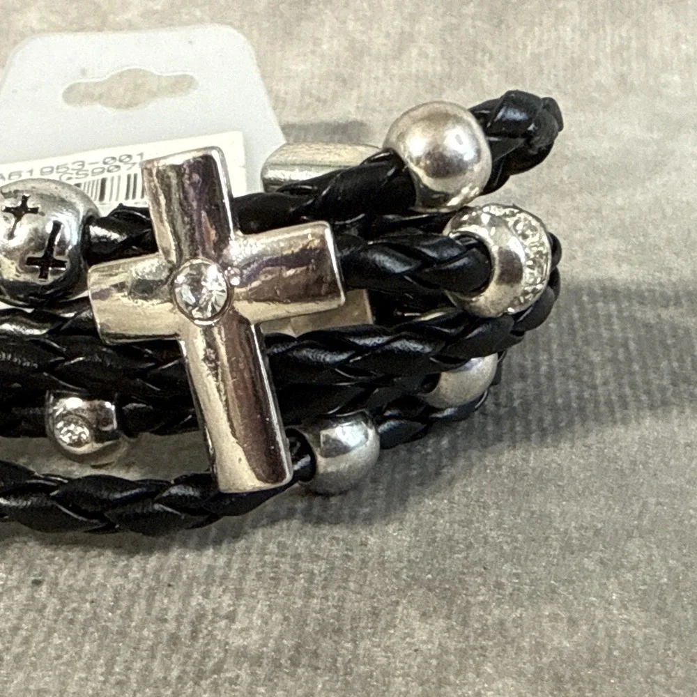 Tamina By Stella Faux Laether Corded Bracelet Silver Tone Cross White Rhinestone